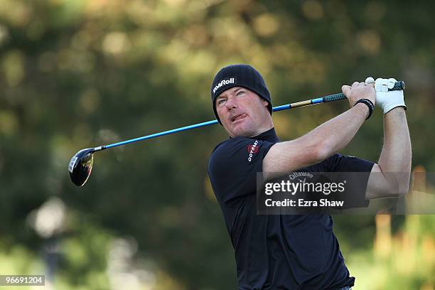 Alex Cejka of Germany tees off on the second hole during the final round of the AT&T Pebble Beach National Pro-Am Pebble Beach Golf Links on February...
