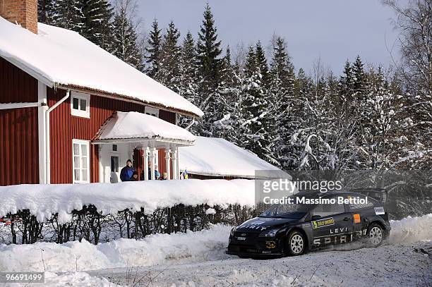 Marcus Gronholm of Finland and Timo Rautiainen of Finland compete in their Stobart Ford Focus during Leg 3 of the WRC Rally Sweden on February 14,...