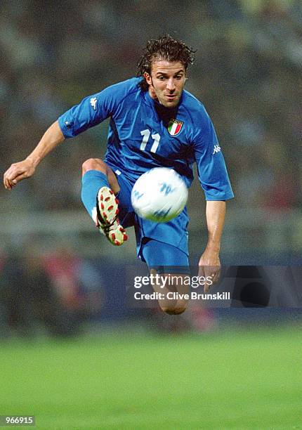 Alessandro Del Piero of Italy controls the ball during the FIFA 2002 World Cup Qualifier against Hungary played at the Ennio Tardini Stadium in...