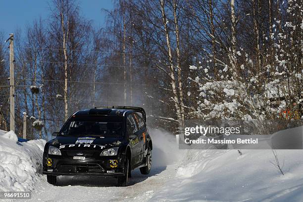 Marcus Gronholm of Finland and Timo Rautiainen of Finland compete in their Stobart Ford Focus during Leg 3 of the WRC Rally Sweden on February 14,...