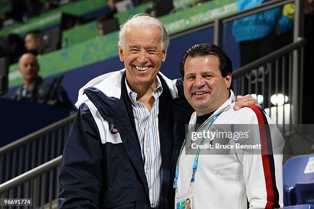 United States vice-president Joe Biden and Mike Eruzione attend women's ice hockey preliminary game between United States and China at UBC...