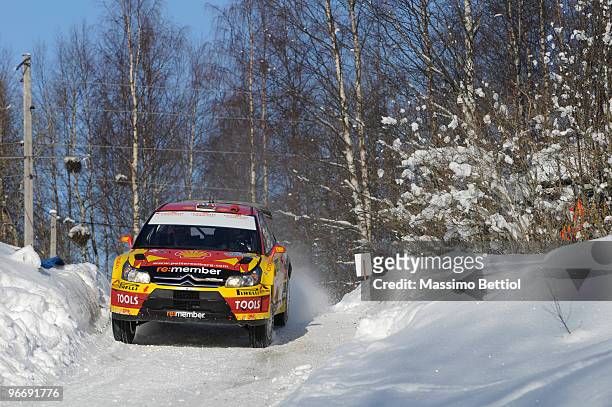 Petter Solberg of Norway and Phil Mills of Great Britain compete in their Citroen C 4 during Leg 3 of the WRC Rally Sweden on February 14, 2010 in...