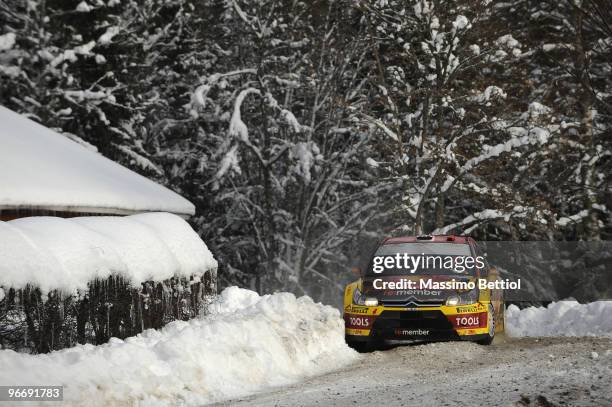 Petter Solberg of Norway and Phil Mills of Great Britain compete in their Citroen C 4 during Leg 3 of the WRC Rally Sweden on February 14, 2010 in...