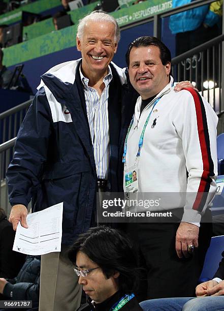 United States vice-president Joe Biden and Mike Eruzione attend women's ice hockey preliminary game between United States and China at UBC...