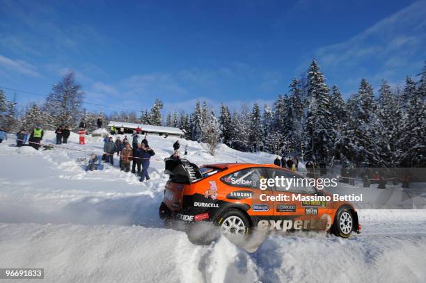 Henning Solberg of Norway and Ilka Minor of Austria compete in their Stobart Ford Focus during Leg 3 of the WRC Rally Sweden on February 14, 2010 in...