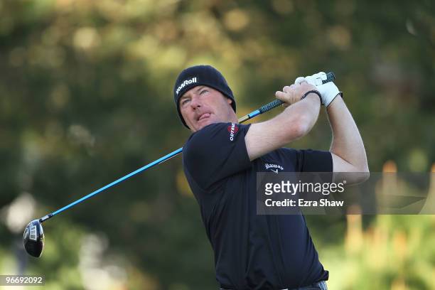 Alex Cejka of Germany tees off on the second hole during the final round of the AT&T Pebble Beach National Pro-Am at Pebble Beach Golf Links on...