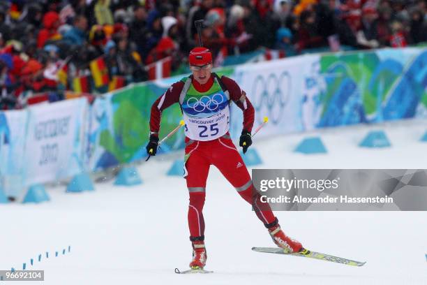 Krasimir Anev of Bulgaria competes in the men's biathlon 10 km sprint final on day 3 of the 2010 Winter Olympics at Whistler Olympic Park Biathlon...