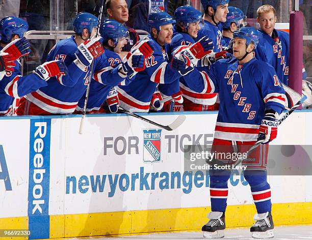 Sean Avery of the New York Rangers celebrates a goal against the Tampa Bay Lightning on February 14, 2010 at Madison Square Garden in New York City.