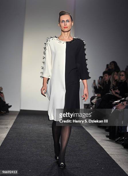Model walks the runway at the Binetti Fall/Winter 2010 fashion show at Exit Art on February 14, 2010 in New York City.