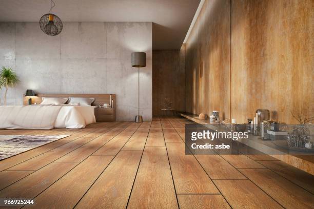 loft slaapkamer - wood floor stockfoto's en -beelden