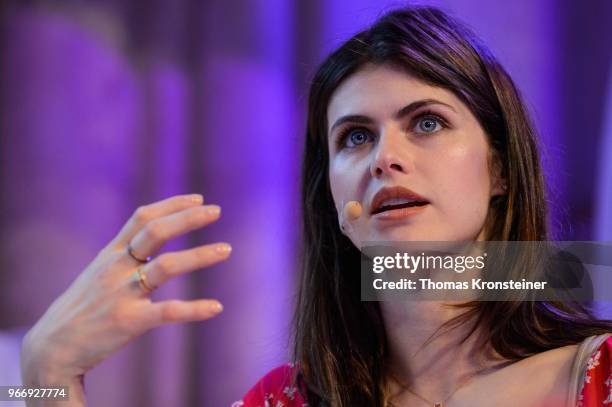 Alexandra Daddario discusses 'Youth engagement in the fight to end AIDS' with young people during the Life Ball Next Generation on June 3, 2018 in...