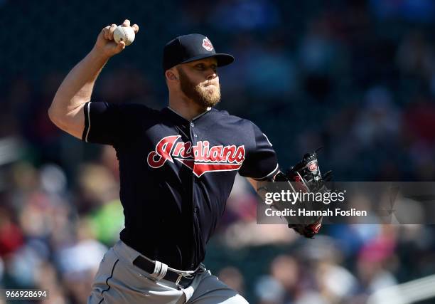 Cody Allen of the Cleveland Indians delivers a pitch against the Minnesota Twins during the ninth inning of the game on June 3, 2018 at Target Field...