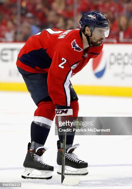 Matt Niskanen of the Washington Capitals plays against the Vegas Golden Knights during the third period of Game Three of the 2018 NHL Stanley Cup...
