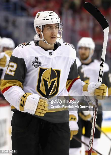 Tomas Nosek of the Vegas Golden Knights celebrates his goal with teammates during the third period of Game Three of the 2018 NHL Stanley Cup Final...