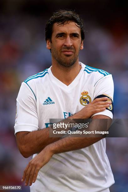 Raul Gonzalez Blanco of Real Madrid looks on prior to the Corazon Classic match between Real Madrid Legends and Arsenal Legends at Estadio Santiago...