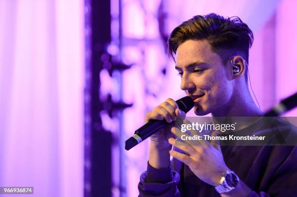 Heiko Lochmann of the German band 'Die Lochis' performs on stage after the 'Youth engagement in the fight to end AIDS' panel talk with young people...