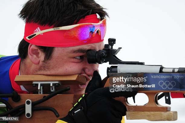 Victor Pinzaru of Moldova competes in the men's biathlon 10 km sprint final on day 3 of the 2010 Winter Olympics at Whistler Olympic Park Biathlon...