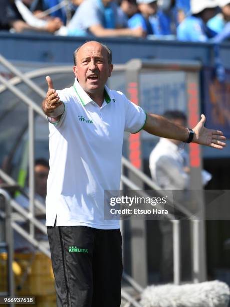 Tokyo Verdy head coach Miguel Angel Lotina gestures during the J.League J2 match between Yokohama FC and Tokyo Verdy at Nippatsu Mitsuzawa Stadium on...