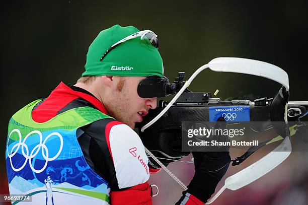 Simon Eder of Austria competes in the men's biathlon 10 km sprint final on day 3 of the 2010 Winter Olympics at Whistler Olympic Park Biathlon...