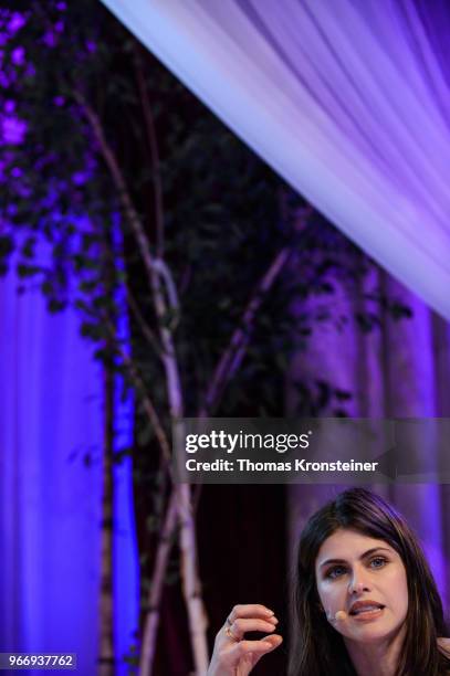 Alexandra Daddario discusses 'Youth engagement in the fight to end AIDS' with young people during the Life Ball Next Generation on June 3, 2018 in...