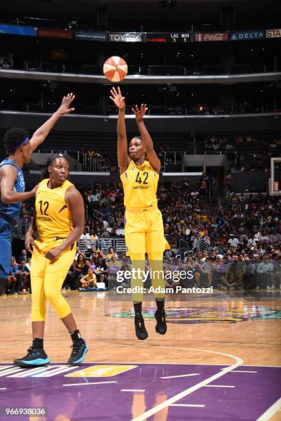 Jantel Lavender of the Los Angeles Sparks shoots the ball against the Minnesota Lynx on June 3, 2018 at STAPLES Center in Los Angeles, California....