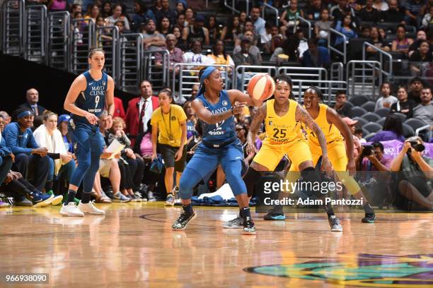 Alexis Jones of the Minnesota Lynx handles the ball against the Los Angeles Sparks on June 3, 2018 at STAPLES Center in Los Angeles, California. NOTE...