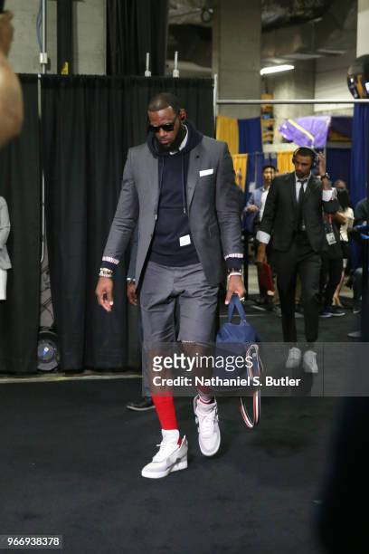 LeBron James of the Cleveland Cavaliers arrives before Game Two of the 2018 NBA Finals against the Golden State Warriors on June 3, 2018 at ORACLE...