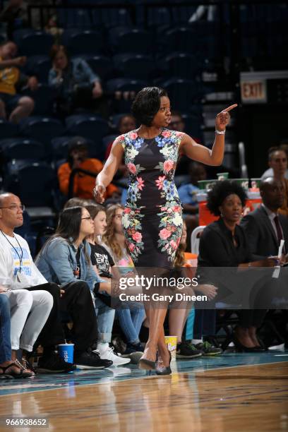 Head coach and General Manager Amber Stocks of the Chicago Sky reacts during game against the Las Vegas Aces on June 3, 2018 at the Wintrust Arena in...