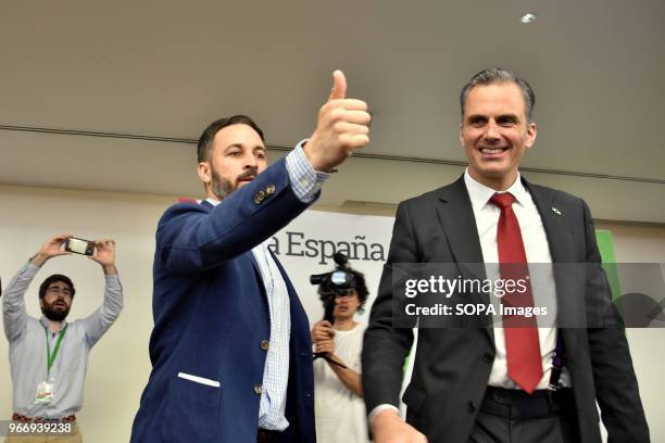 The National President of Vox Santiago Abascal and the Vice-Legal Secretary Javier Ortega during the political event in Barcelona VOX party held a...