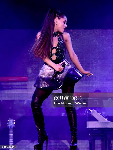 Ariana Grande performs onstage during the 2018 iHeartRadio by AT&T at Banc of California Stadium on June 2, 2018 in Los Angeles, California.