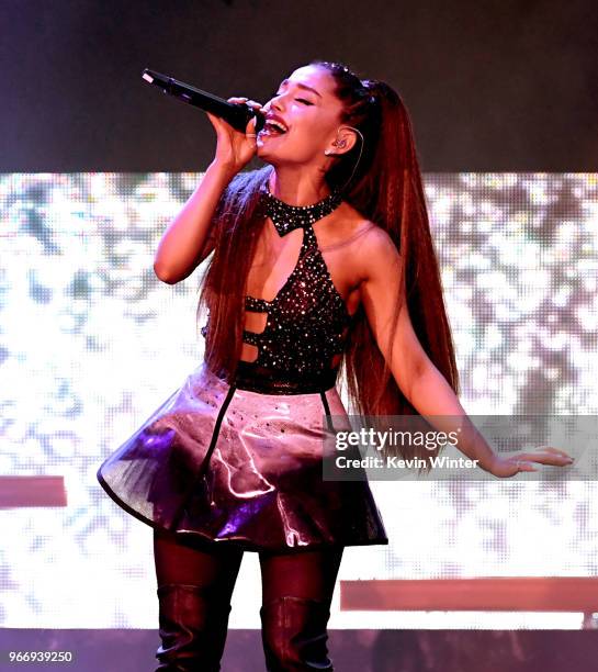 Ariana Grande performs onstage during the 2018 iHeartRadio by AT&T at Banc of California Stadium on June 2, 2018 in Los Angeles, California.