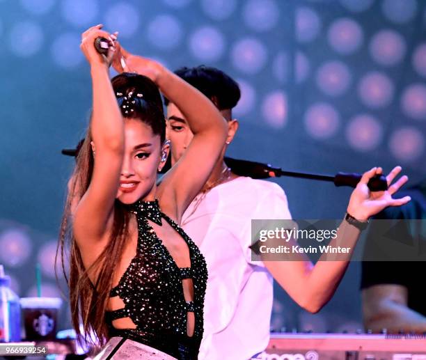 Ariana Grande performs onstage during the 2018 iHeartRadio by AT&T at Banc of California Stadium on June 2, 2018 in Los Angeles, California.