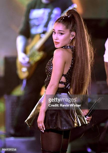 Ariana Grande performs onstage during the 2018 iHeartRadio by AT&T at Banc of California Stadium on June 2, 2018 in Los Angeles, California.