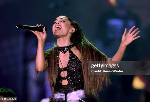 Ariana Grande performs onstage during the 2018 iHeartRadio by AT&T at Banc of California Stadium on June 2, 2018 in Los Angeles, California.