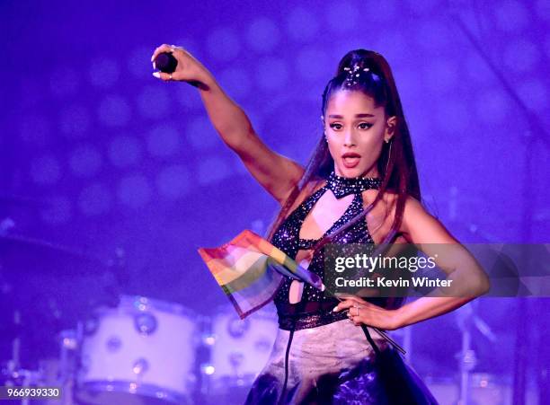 Ariana Grande performs onstage during the 2018 iHeartRadio by AT&T at Banc of California Stadium on June 2, 2018 in Los Angeles, California.