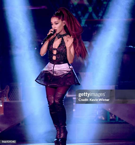 Ariana Grande performs onstage during the 2018 iHeartRadio by AT&T at Banc of California Stadium on June 2, 2018 in Los Angeles, California.