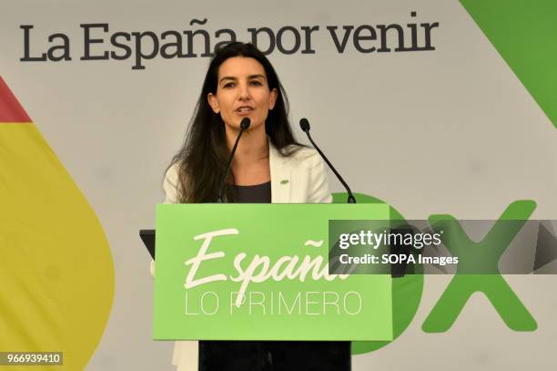 Rocío Monasterio Deputy Secretary of Social Action of VOX during the political event in Barcelona. VOX party held a political event in Barcelona with...