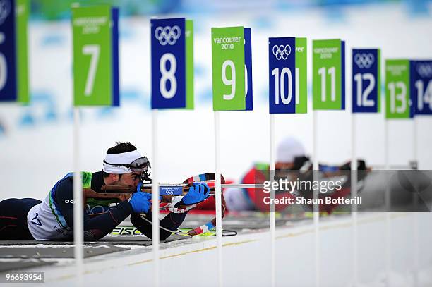 Simon Fourcade of France competes in the men's biathlon 10 km sprint final during the Biathlon Men's 10 km Sprint on day 3 of the 2010 Winter...