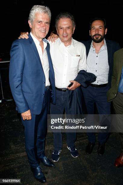 Claude Serillon, Michel Drucker and Regis Mailhot attend "Sans Moderation" Laurent Gerra's Show at Palais des Sports on June 2, 2018 in Paris, France.