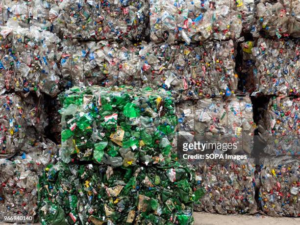 Bales of recycled used bottles. In Ukraine, enterprises for the processing of domestic waste are actively developing. Several such factories operate...