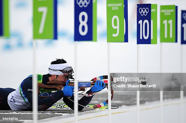 Simon Fourcade of France competes in the men's biathlon 10 km sprint final during the Biathlon Men's 10 km Sprint on day 3 of the 2010 Winter...