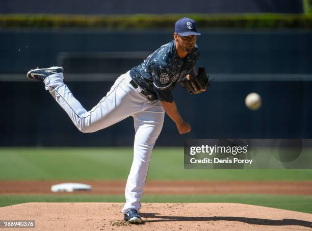 Tyson Ross of the San Diego Padres pitches during the first inning of a baseball game against the Cincinnati Reds at PETCO Park on June 3, 2018 in...