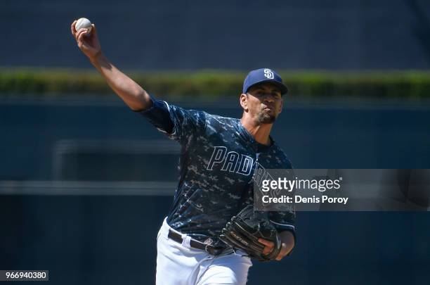 Tyson Ross of the San Diego Padres pitches during the first inning of a baseball game against the Cincinnati Reds at PETCO Park on June 3, 2018 in...