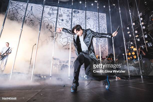Austrian singer Maurice Ernst of Bilderbuch performs live on stage during Rock am Ring at Nuerburgring on June 3, 2018 in Nuerburg, Germany.