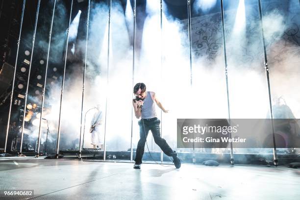 Austrian singer Maurice Ernst of Bilderbuch performs live on stage during Rock am Ring at Nuerburgring on June 3, 2018 in Nuerburg, Germany.