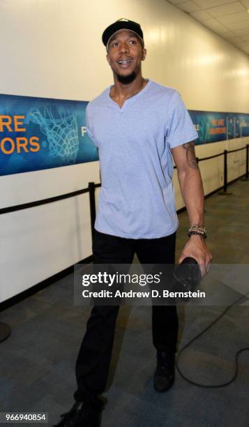 David West of the Golden State Warriors arrives at the stadium before the game against the Cleveland Cavaliers in Game Two of the 2018 NBA Finals on...