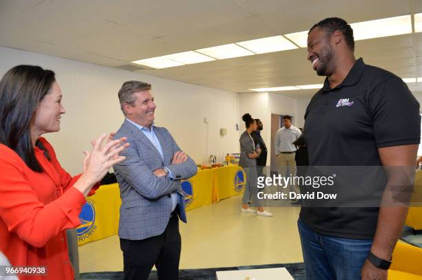 Jennifer Azzi, Rick Welts and Jason Collins talk during the 2018 NBA Finals Legacy Project - NBA Cares on June 01, 2018 at the Boys & Girls Club of...