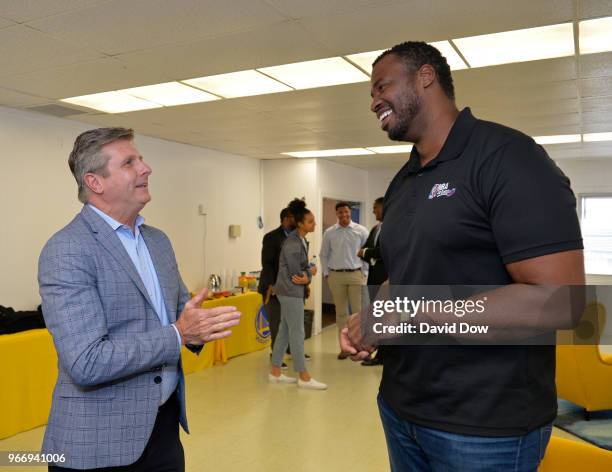 Rick Welts and Jason Collins talk during the 2018 NBA Finals Legacy Project - NBA Cares on June 01, 2018 at the Boys & Girls Club of San Leandro in...