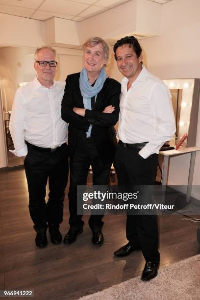 Thierry Fremaux, Plantu and Laurent Gerra attend "Sans Moderation" Laurent Gerra's Show at Palais des Sports on June 3, 2018 in Paris, France.