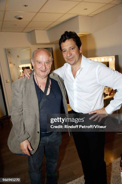 Singer Michel Jonasz and Laurent Gerra attend "Sans Moderation" Laurent Gerra's Show at Palais des Sports on June 3, 2018 in Paris, France.